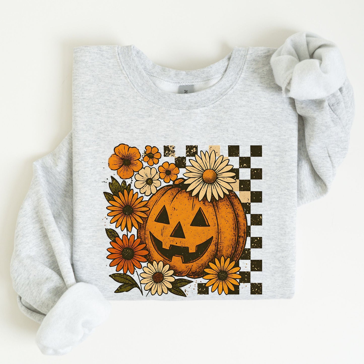 Gray sweatshirt with a pumpkin and floral design on a white background