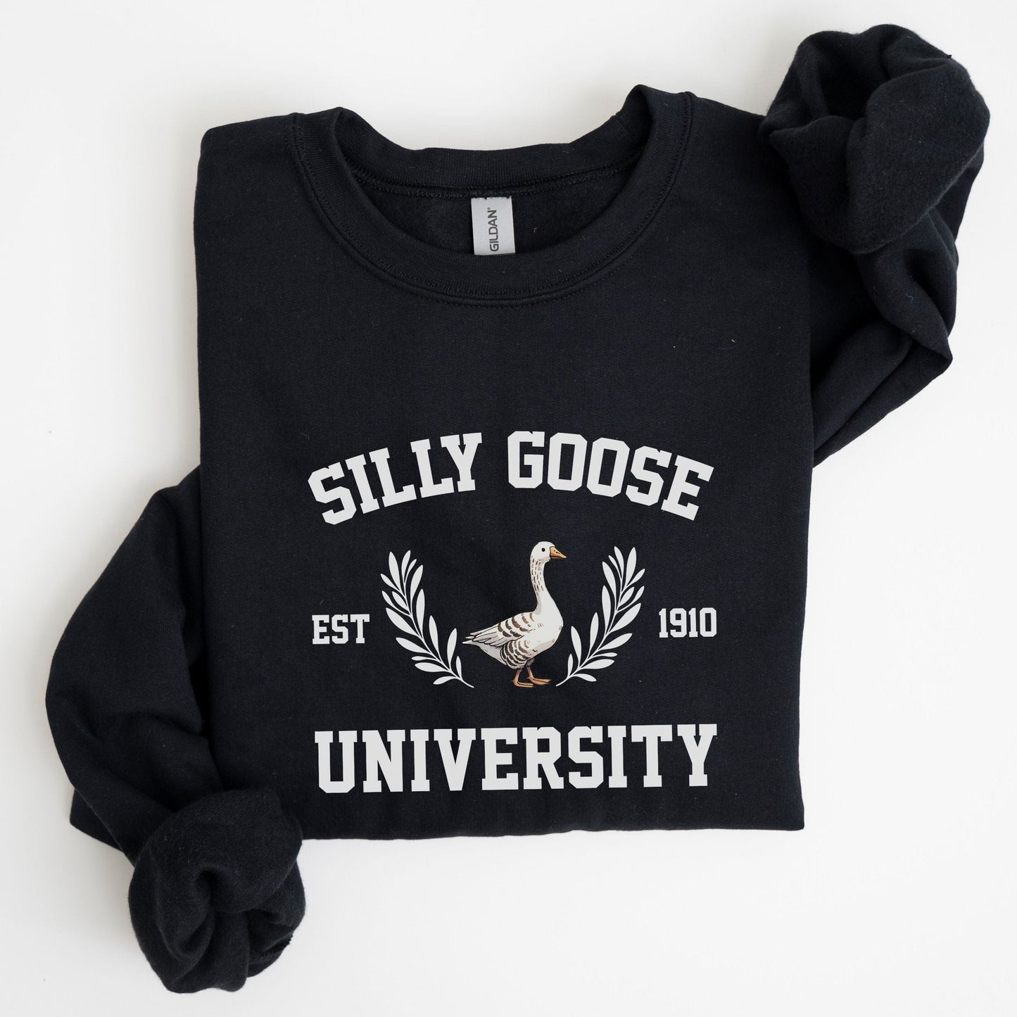 “Silly Goose University” sweatshirt with vintage collegiate lettering and a goose crest — perfect for cozy, funny fall style.