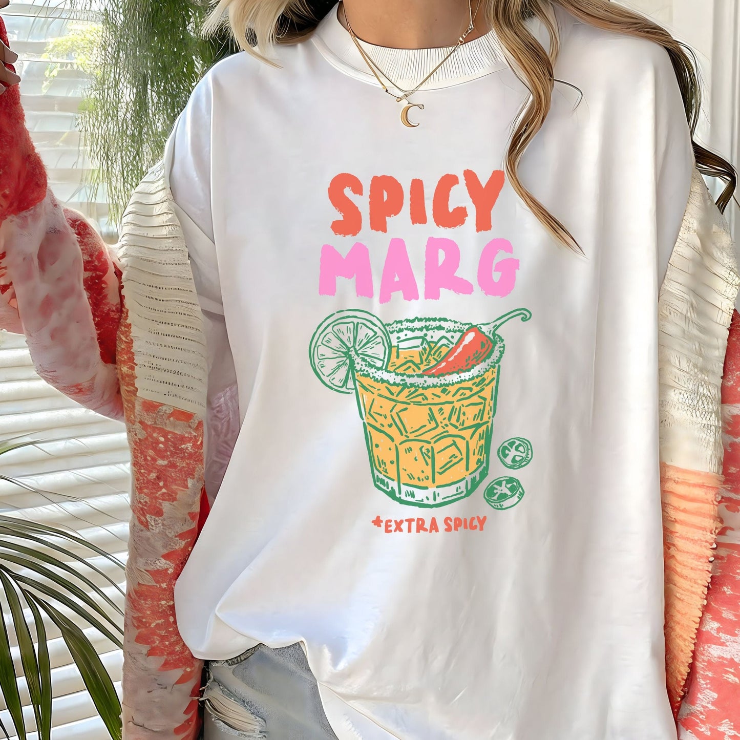 Hand-drawn spicy margarita graphic t-shirt with vibrant drink and lime illustration on soft cotton tee in white