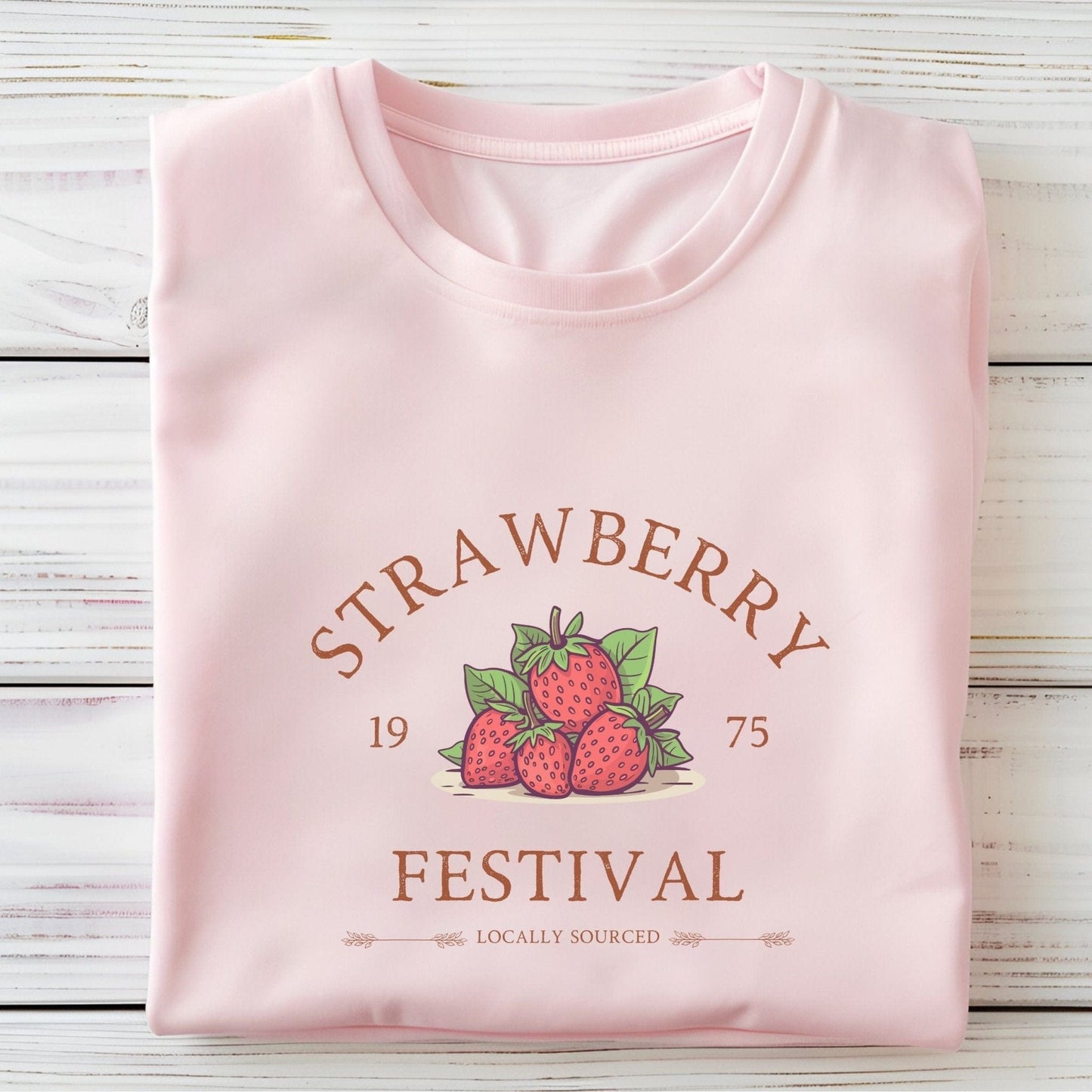“Strawberry Festival” t-shirt with a vintage berry illustration, arched retro text, and “locally sourced” detail in rustic tones.