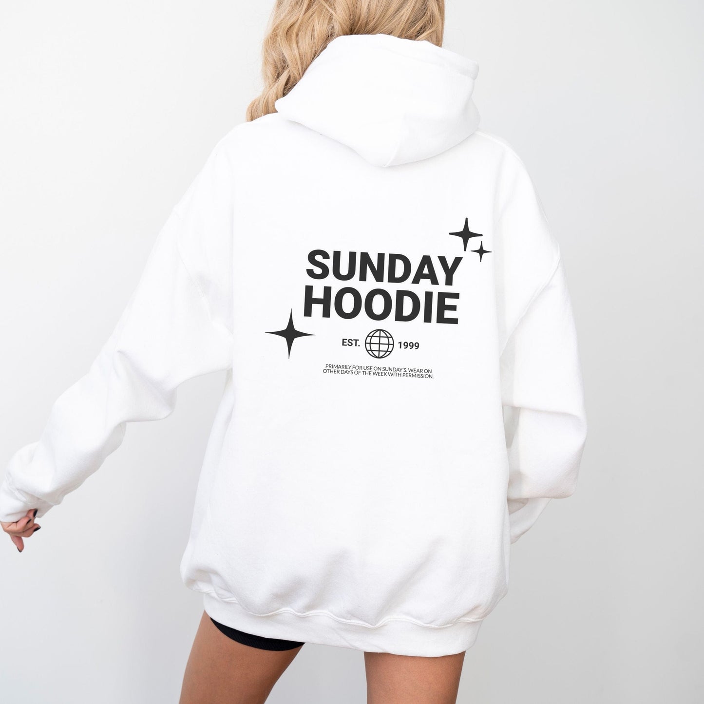 Hoodie with back graphic that says "Sunday Hoodie" with globe and star icons. Comfy loungewear perfect for slow weekends and casual days.