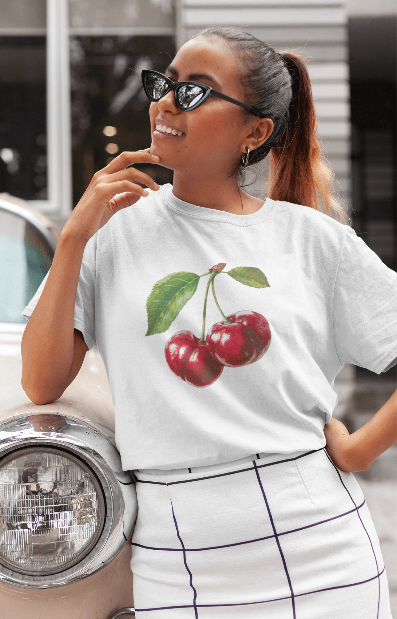 Vintage cherry t-shirt with bold red fruit design, summer aesthetic cotton tee
