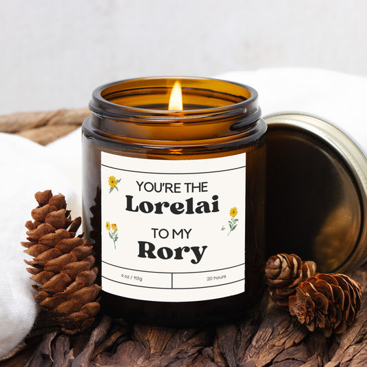 Gilmore Girls candle with "You're the Lorelai to my Rory" design in an amber jar