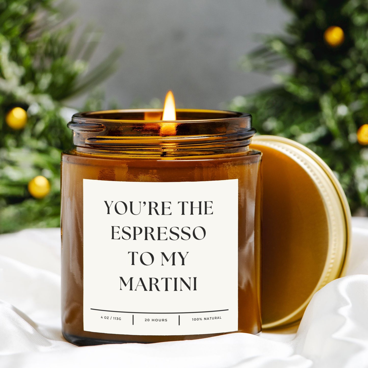 Amber jar espresso martini candle with 'You're the Espresso to My Martini' text, natural soy wax.