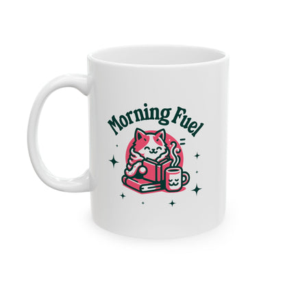 Ceramic mug with a cozy cat and coffee design, ideal for book and coffee lovers.