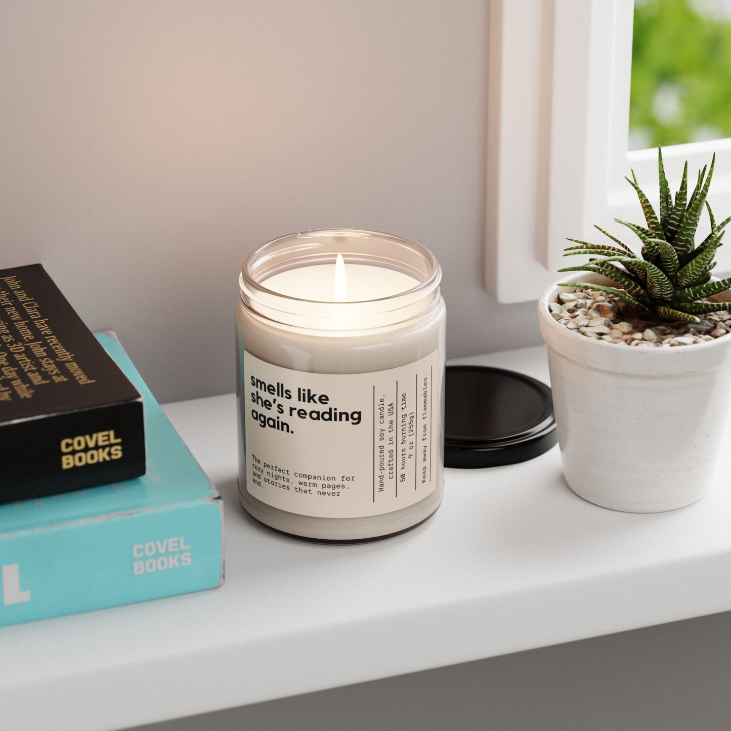 Coconut soy reading candle in 9 oz clear and amber jars for book lovers and cozy nights.