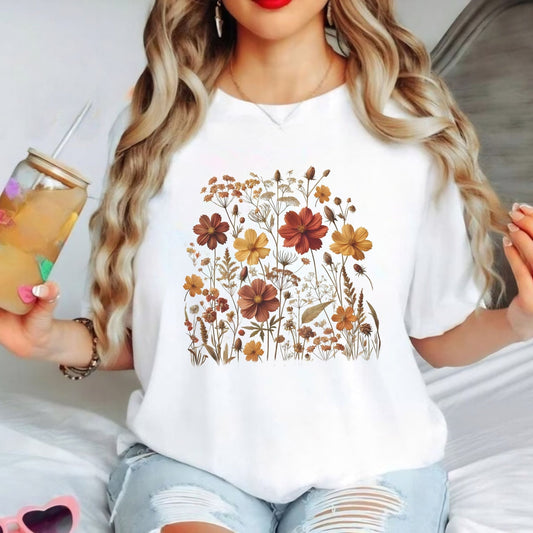 Autumn floral shirt with wildflower design, cozy fall fashion, perfect for seasonal vibes.