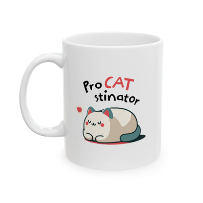 Cozy ceramic mug with cute cartoon cat design, ideal for cat lovers.