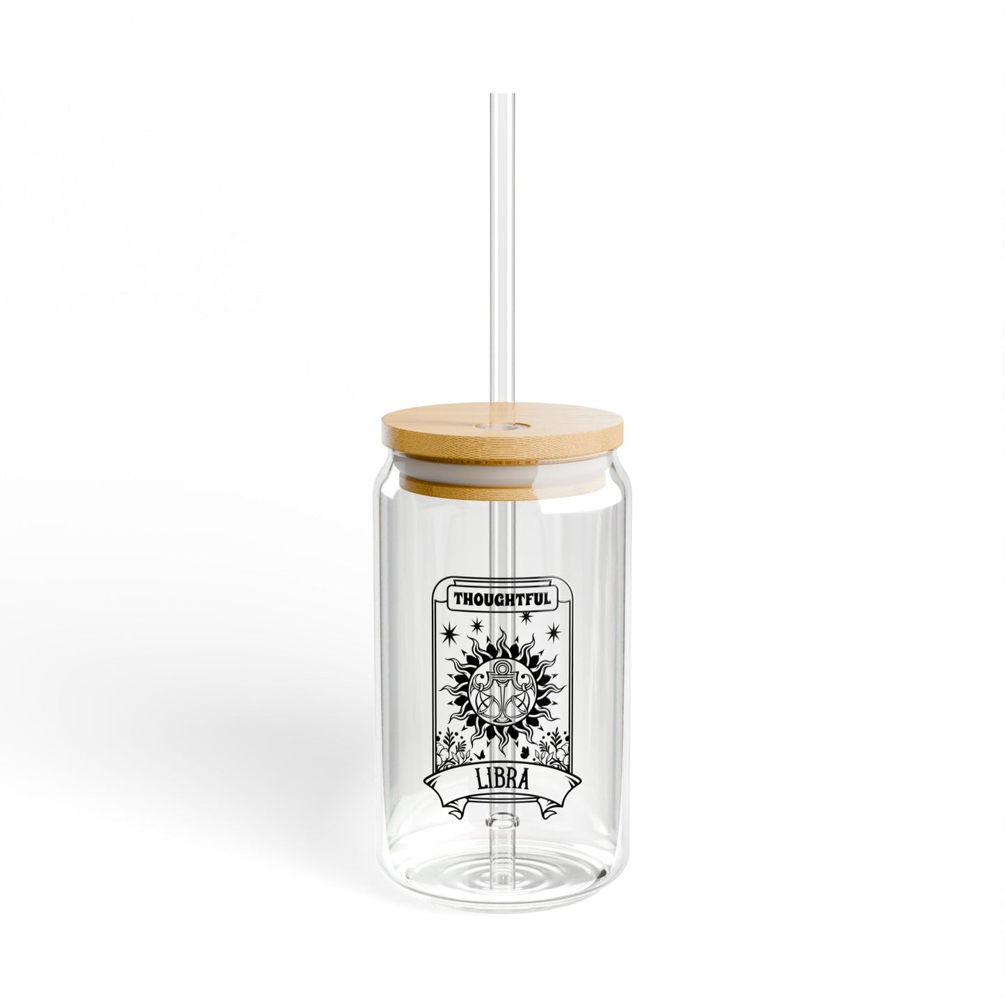 Zodiac glass tumbler with Libra design, astrology drinkware with lid and straw.