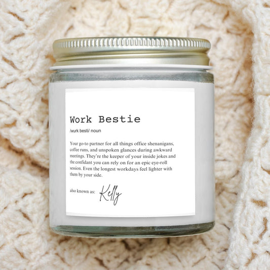 Personalized soy candle for work bestie, office friendship gift in amber jar.