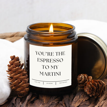 Amber jar espresso martini candle with 'You're the Espresso to My Martini' text, natural soy wax.