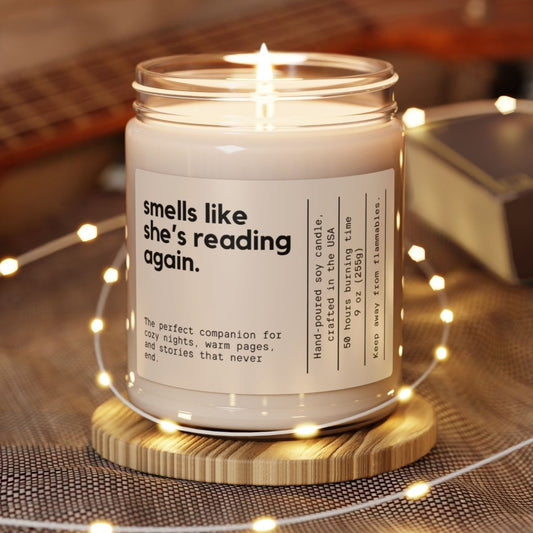 Coconut soy reading candle in 9 oz clear and amber jars for book lovers and cozy nights.