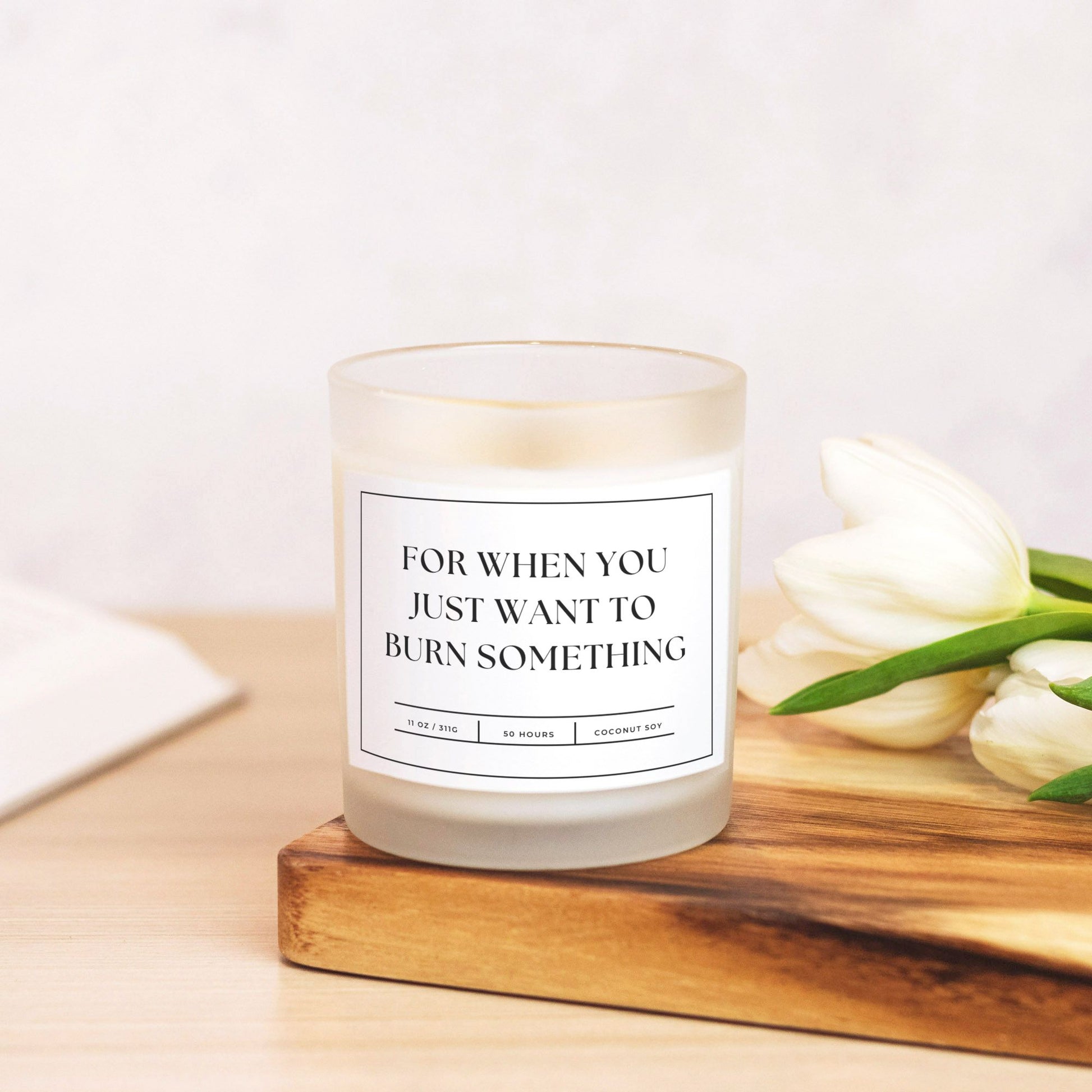 Funny stress-relief candle in frosted glass with text 'For When You Just Want to Burn Something' design.