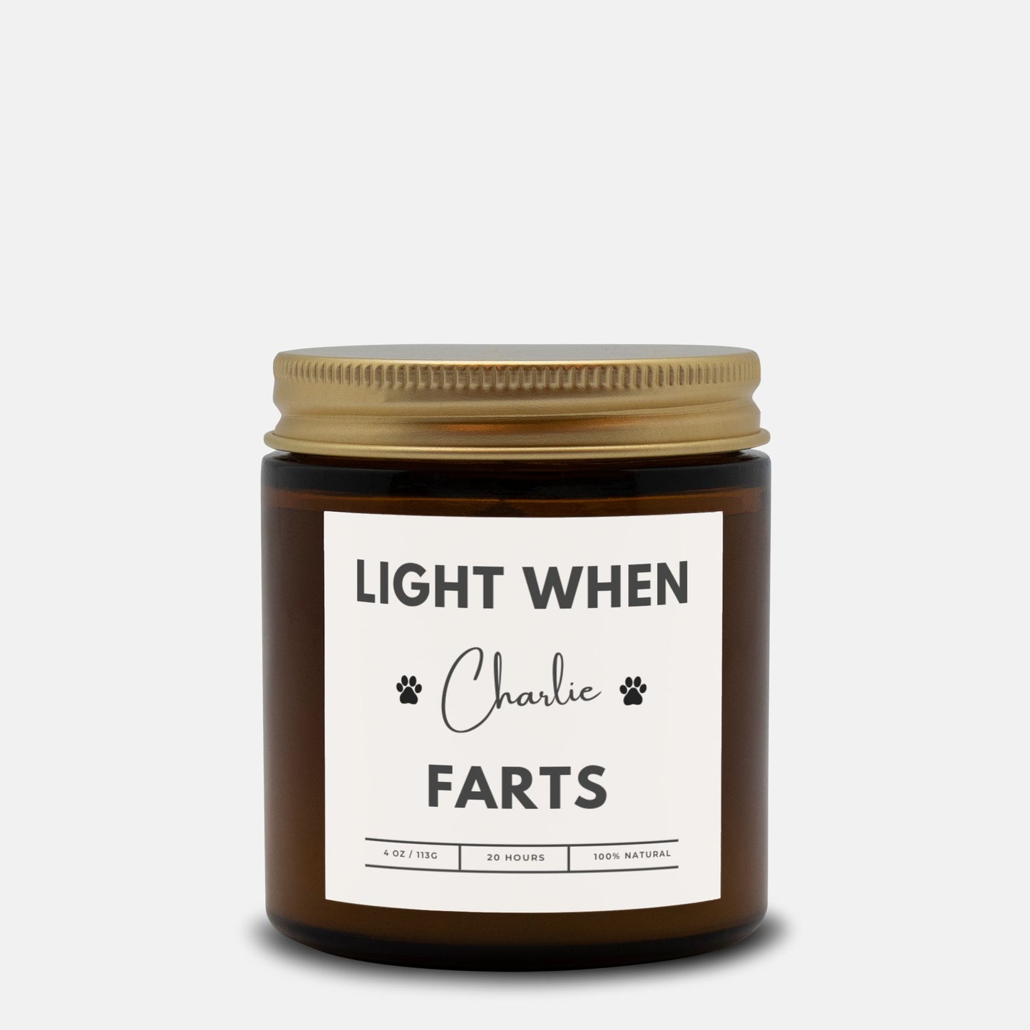 Personalized amber jar dog candle with custom text option, Light When [Name] Farts design.