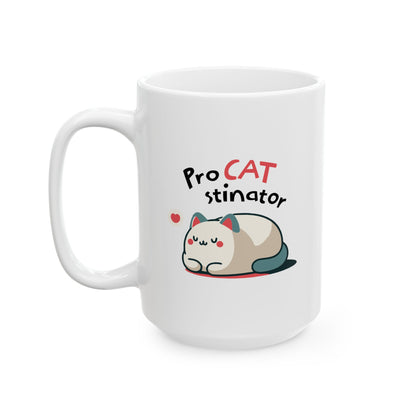 Cozy ceramic mug with cute cartoon cat design, ideal for cat lovers.