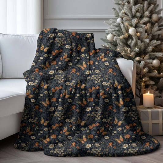 Monarch butterfly and floral pattern blanket available in Sherpa fleece and velveteen plush.