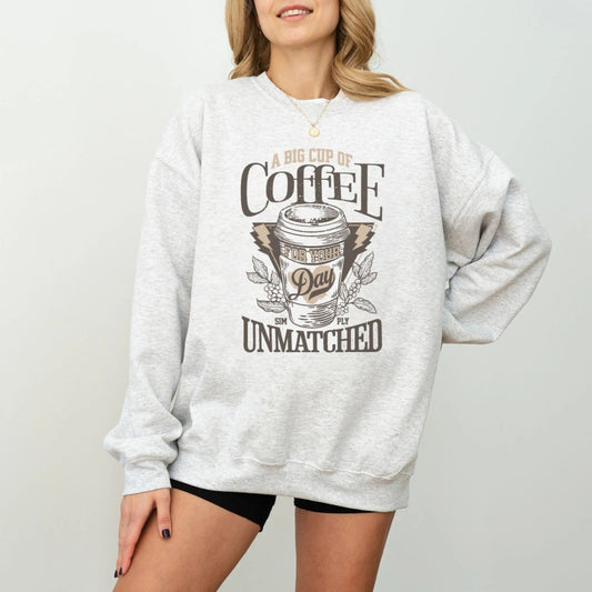 Sweatshirt with "A Big Cup of Coffee" design, 50% cotton, 50% polyester, cozy vibes.