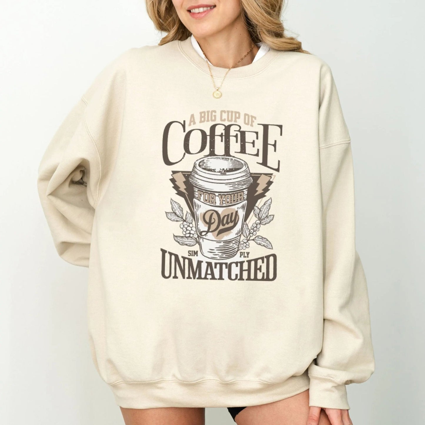 Sweatshirt with "A Big Cup of Coffee" design, 50% cotton, 50% polyester, cozy vibes.