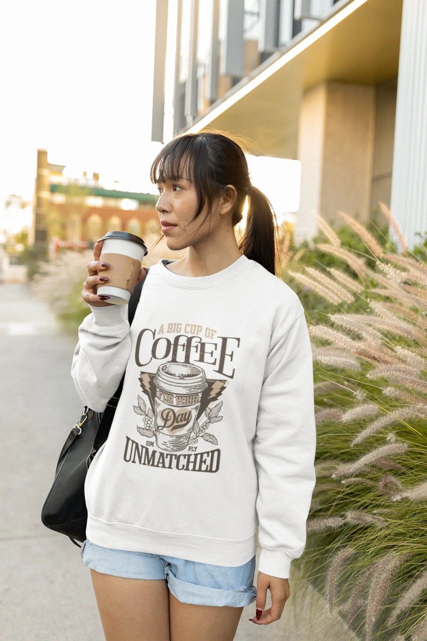 Sweatshirt with "A Big Cup of Coffee" design, 50% cotton, 50% polyester, cozy vibes.