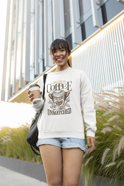 Sweatshirt with "A Big Cup of Coffee" design, 50% cotton, 50% polyester, cozy vibes.