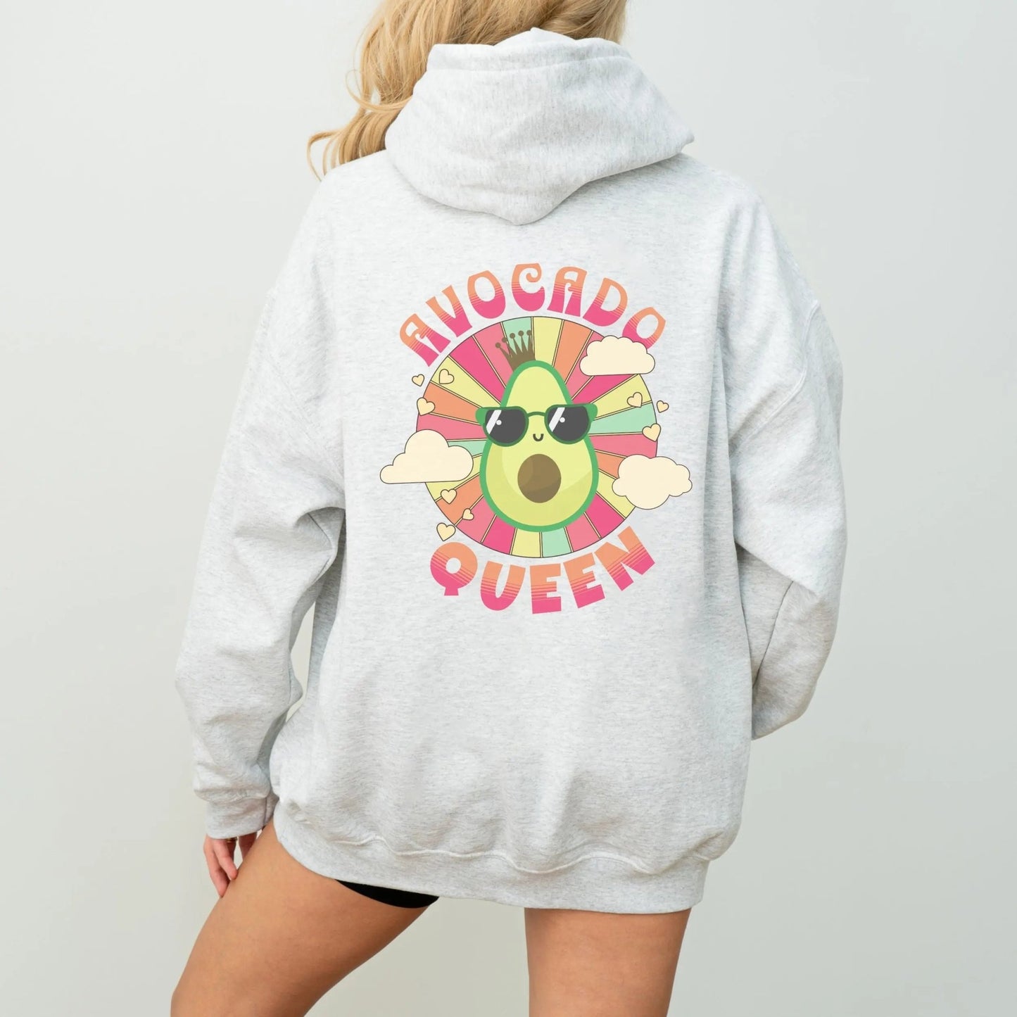 Kawaii avocado hoodie with retro design, perfect for avocado lovers and fun food-themed fashion.