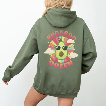 Kawaii avocado hoodie with retro design, perfect for avocado lovers and fun food-themed fashion.