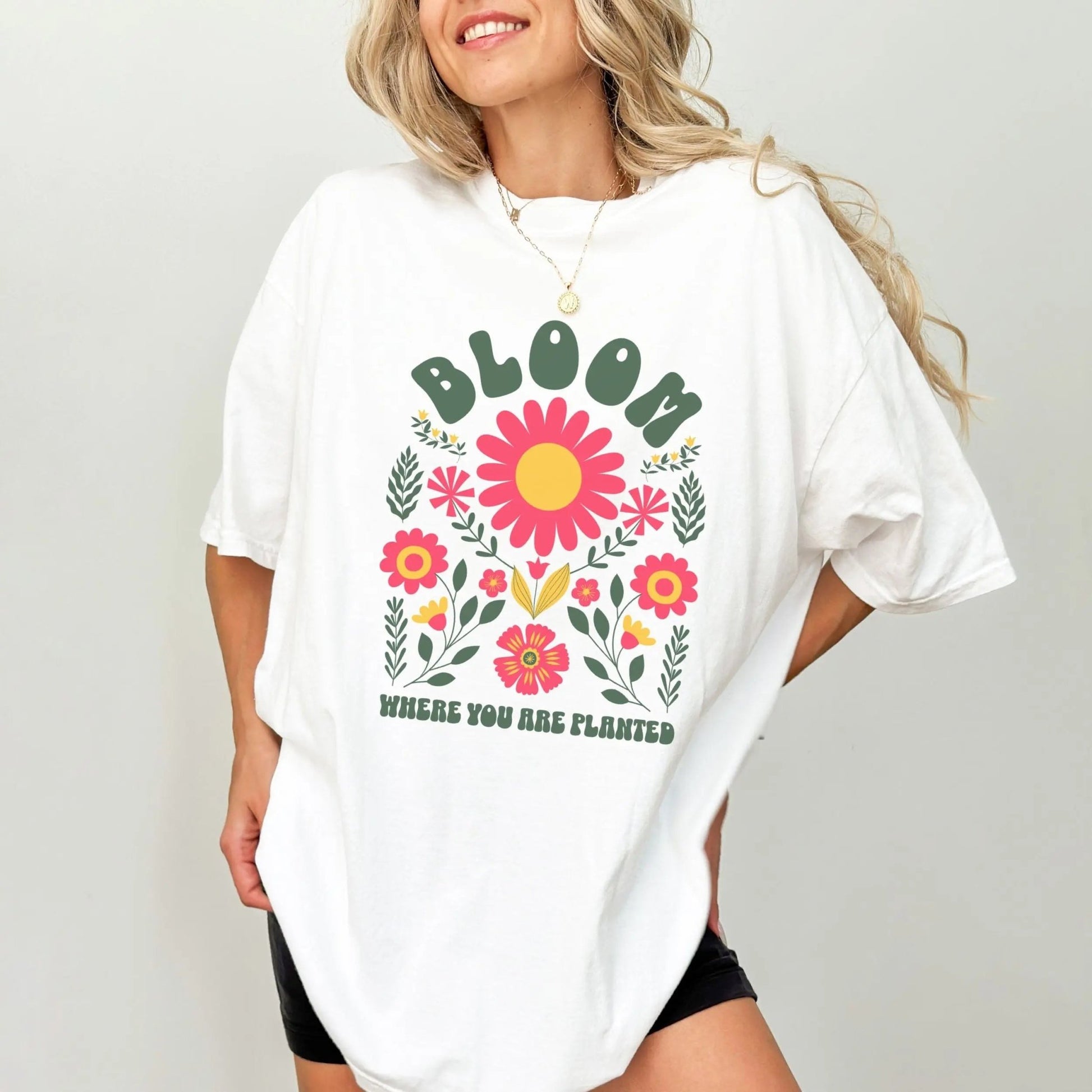 Bloom Where You Are Planted shirt, boho aesthetic, vibrant florals, Y2K streetwear.