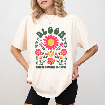 Bloom Where You Are Planted shirt, boho aesthetic, vibrant florals, Y2K streetwear.