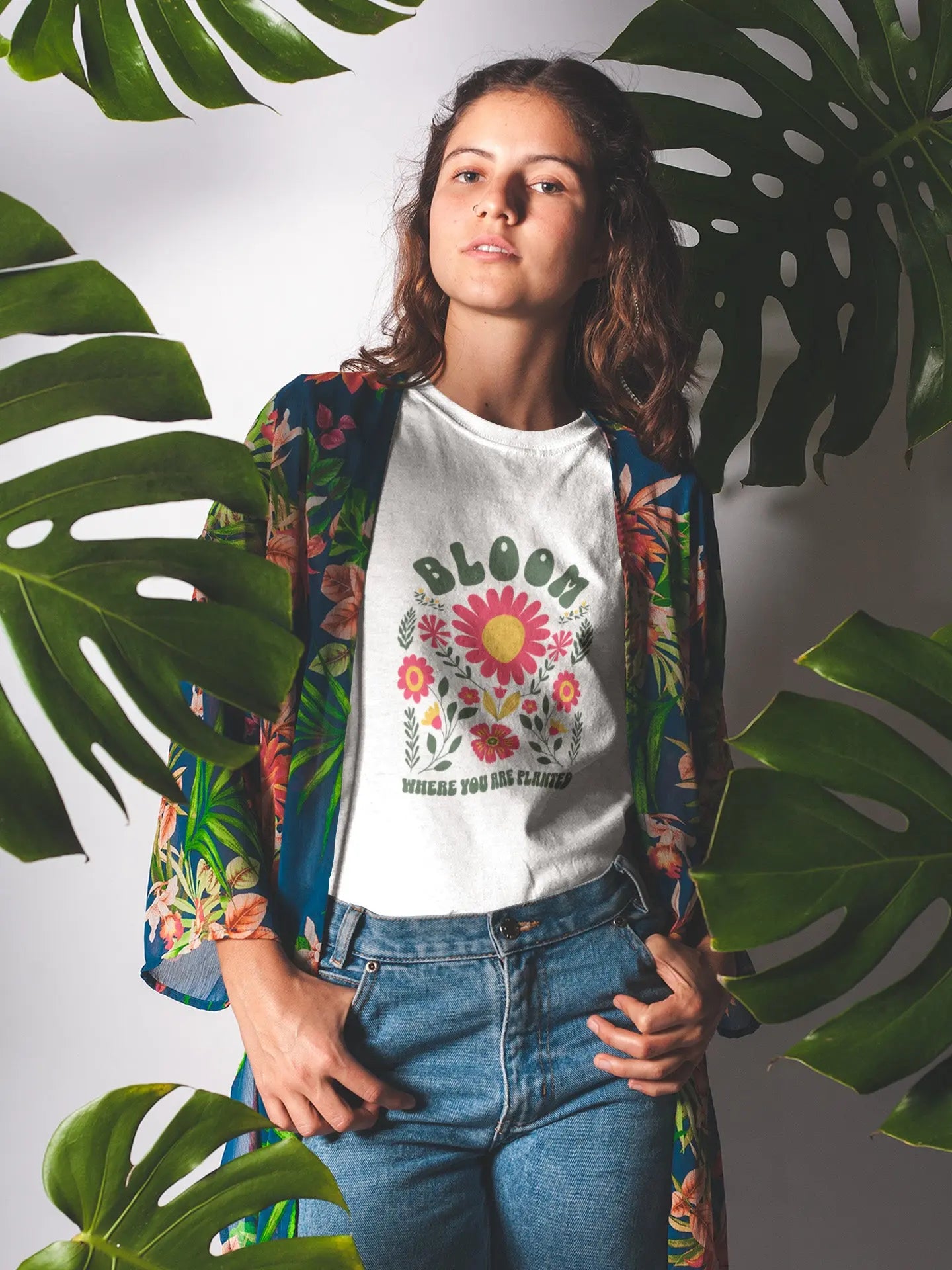 Bloom Where You Are Planted shirt, boho aesthetic, vibrant florals, Y2K streetwear.