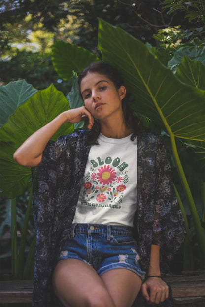 Bloom Where You Are Planted shirt, boho aesthetic, vibrant florals, Y2K streetwear.