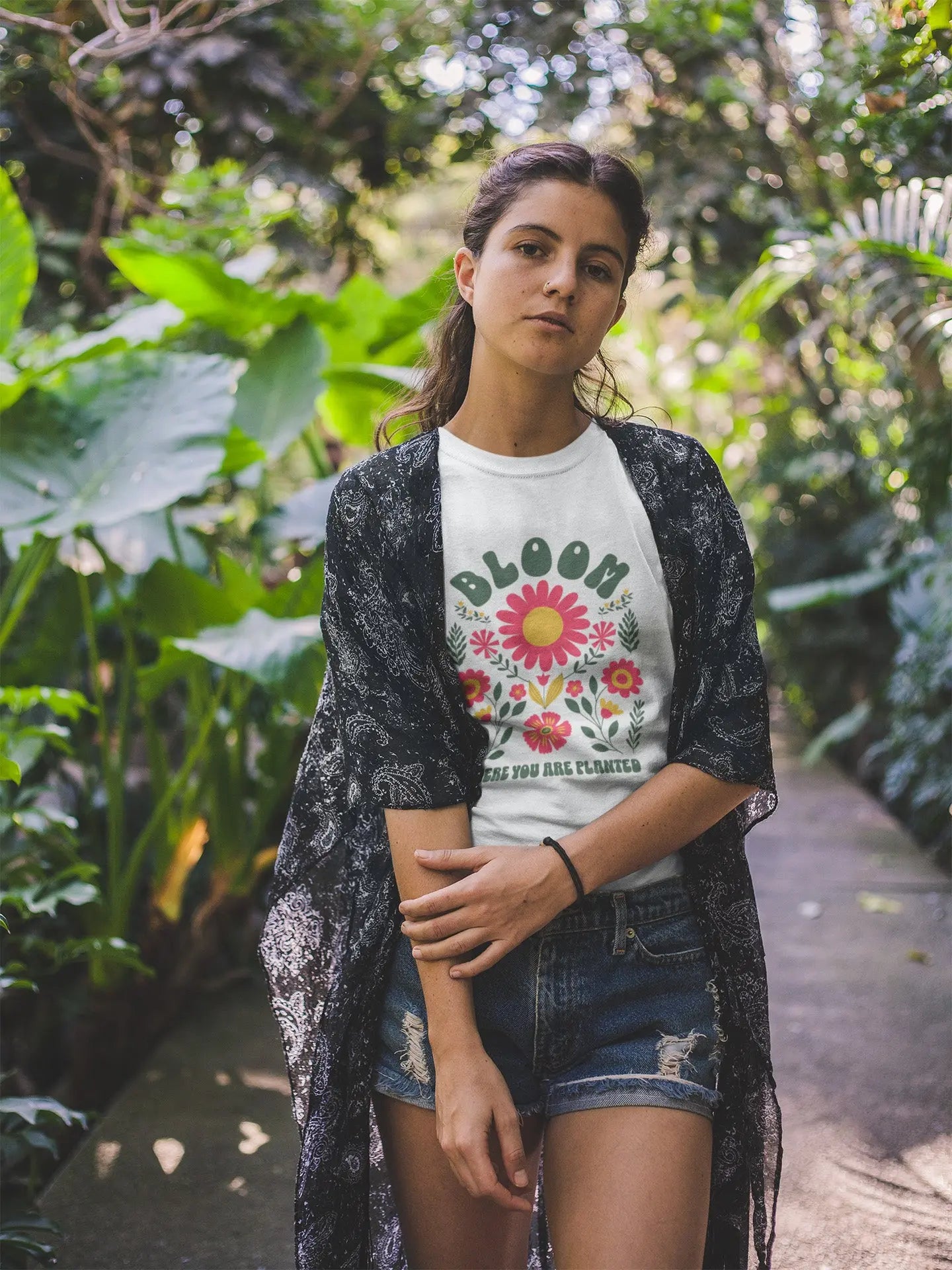 Bloom Where You Are Planted shirt, boho aesthetic, vibrant florals, Y2K streetwear.