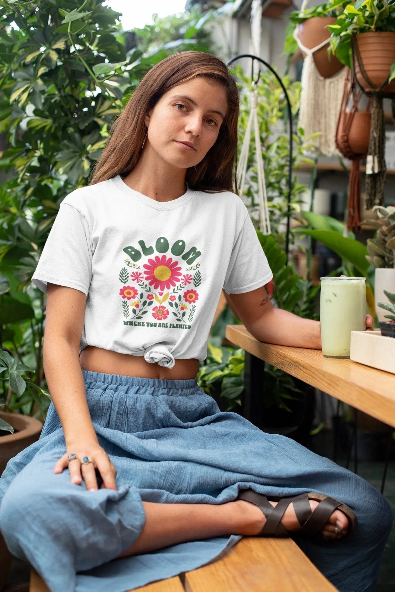 Bloom Where You Are Planted shirt, boho aesthetic, vibrant florals, Y2K streetwear.