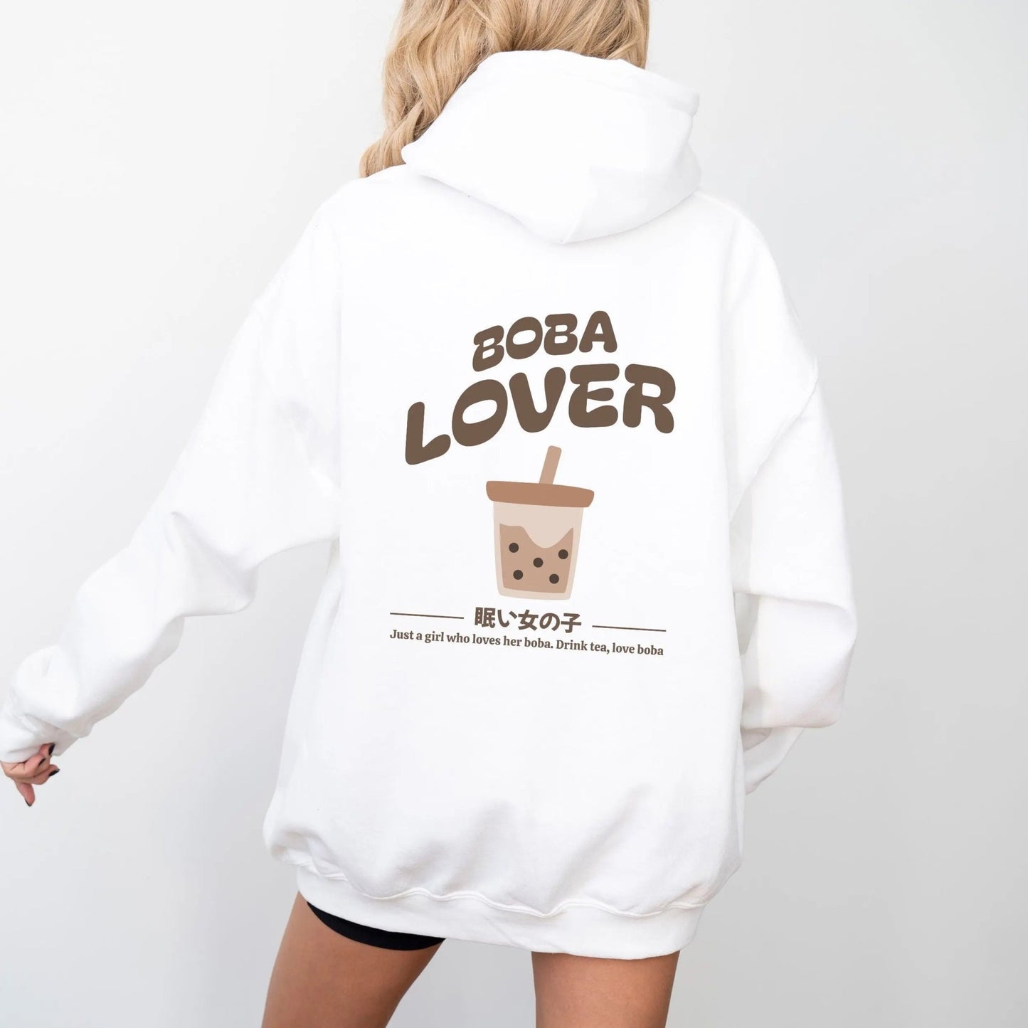 Kawaii boba lover hoodie with bubble tea graphic and cute boba fashion design.