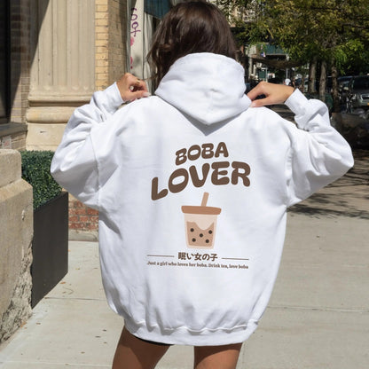 Kawaii boba lover hoodie with bubble tea graphic and cute boba fashion design.