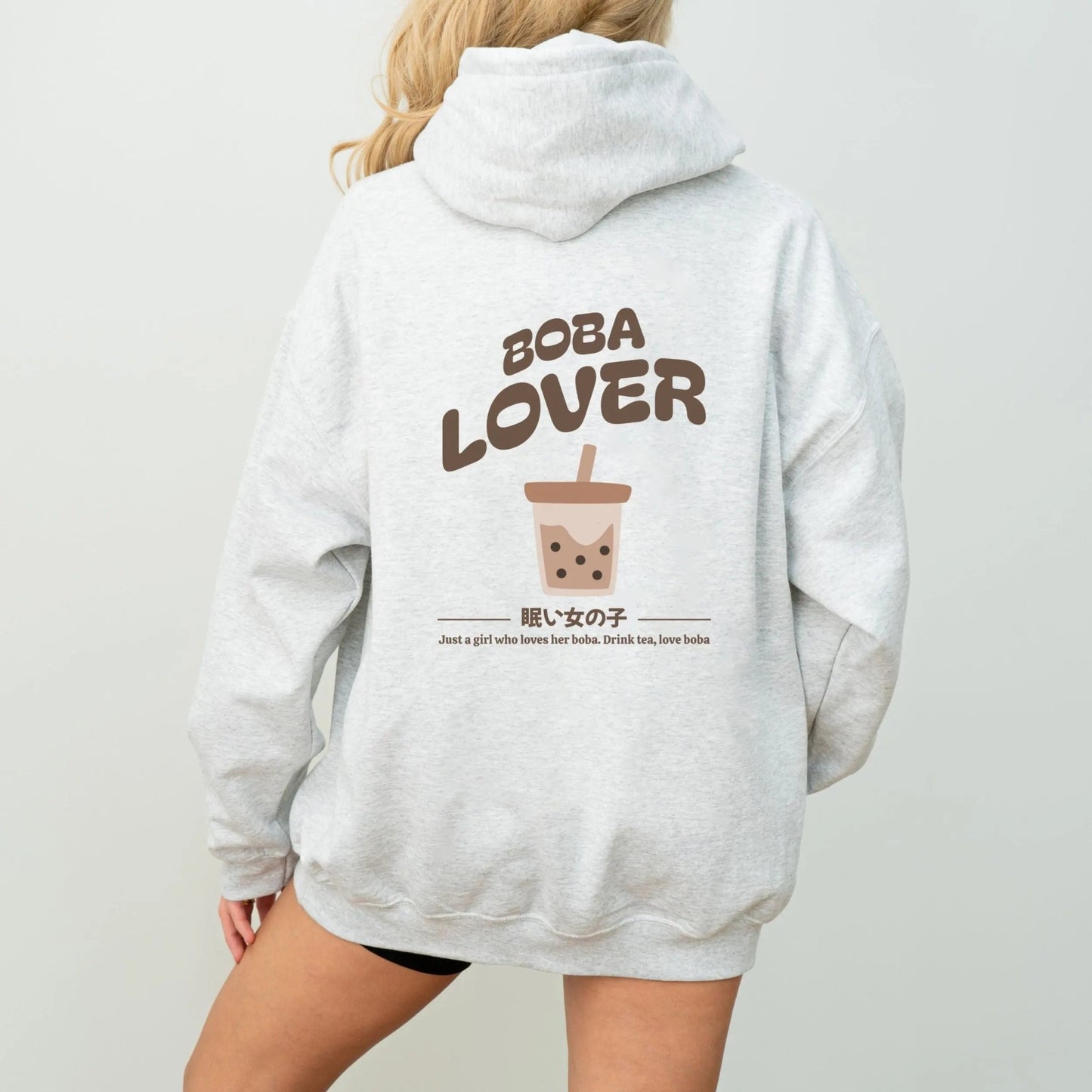 Kawaii boba lover hoodie with bubble tea graphic and cute boba fashion design.