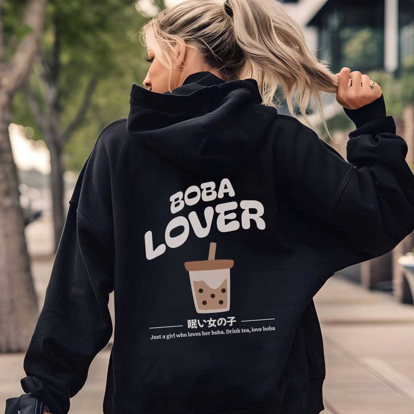 Kawaii boba lover hoodie with bubble tea graphic and cute boba fashion design.