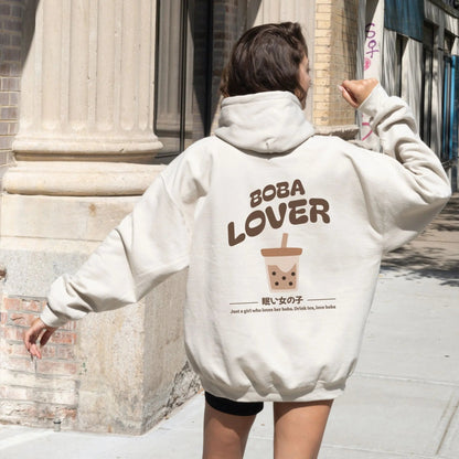 Kawaii boba lover hoodie with bubble tea graphic and cute boba fashion design.