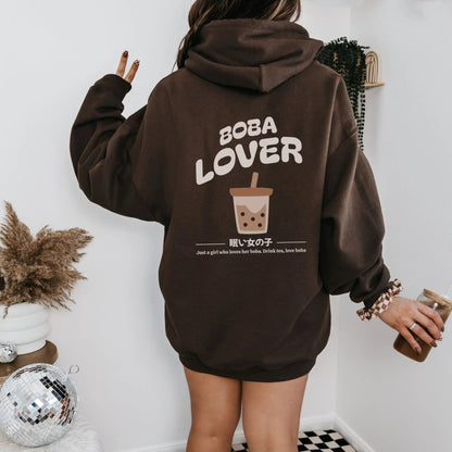 Kawaii boba lover hoodie with bubble tea graphic and cute boba fashion design.