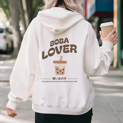 Kawaii boba lover hoodie with bubble tea graphic and cute boba fashion design.