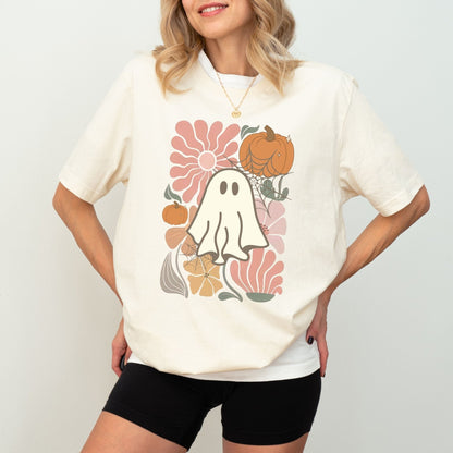 Halloween shirt with cute ghost, pumpkins, and retro floral design.