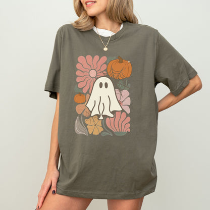 Halloween shirt with cute ghost, pumpkins, and retro floral design.