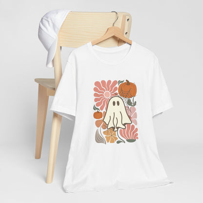 Halloween shirt with cute ghost, pumpkins, and retro floral design.