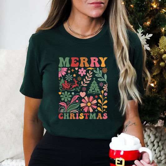 Boho Christmas shirt with retro floral holiday design in festive colors.