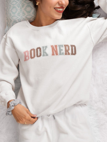 Cozy vintage-style book nerd sweatshirt with retro bookish design.