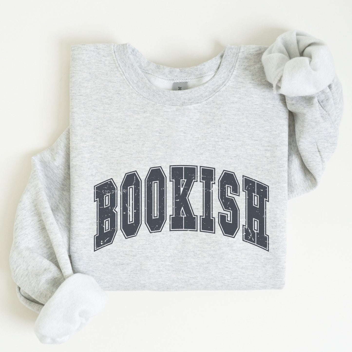 “Bookish” sweatshirt with bold varsity-style text — clean, cozy crewneck for proud readers and literary lovers.