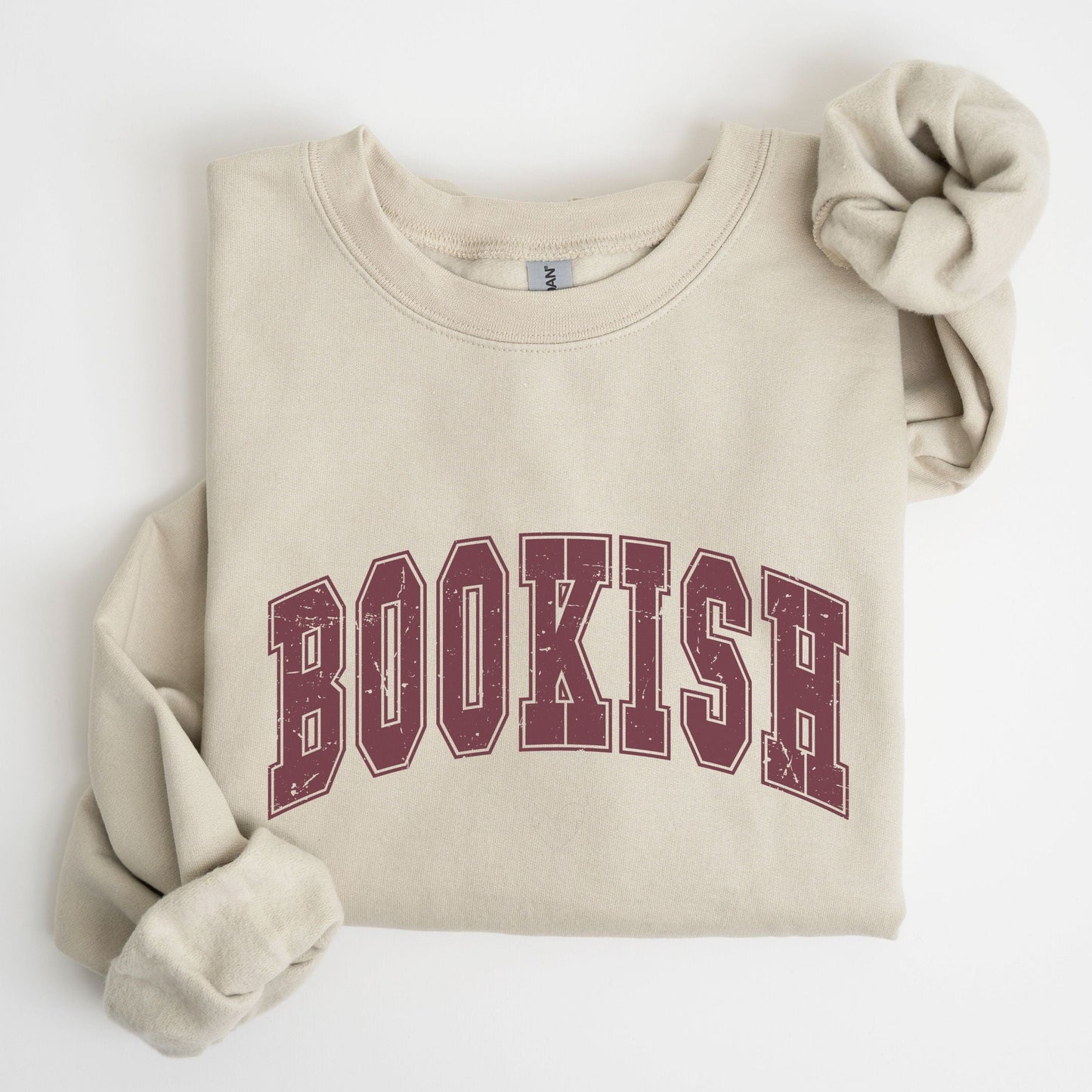“Bookish” sweatshirt with bold varsity-style text — clean, cozy crewneck for proud readers and literary lovers.
