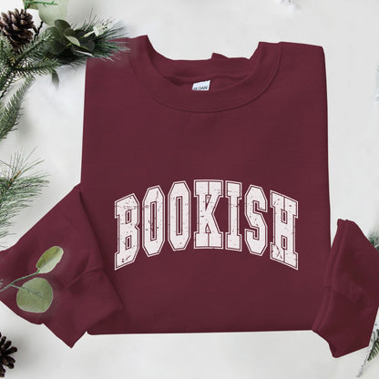 “Bookish” sweatshirt with bold varsity-style text — clean, cozy crewneck for proud readers and literary lovers.
