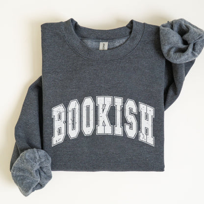 “Bookish” sweatshirt with bold varsity-style text — clean, cozy crewneck for proud readers and literary lovers.