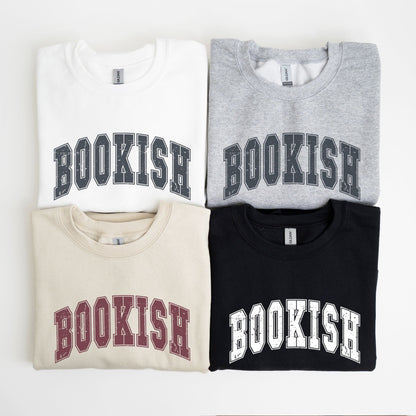 “Bookish” sweatshirt with bold varsity-style text — clean, cozy crewneck for proud readers and literary lovers.