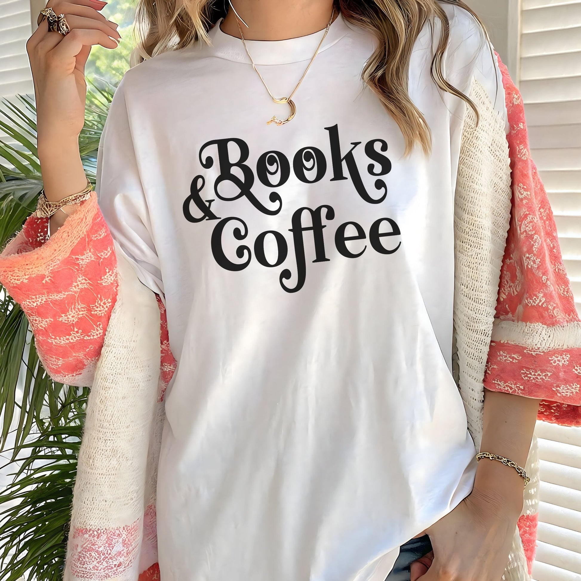 “Books & Coffee” t-shirt in bold minimalist lettering, perfect for readers and coffee lovers.